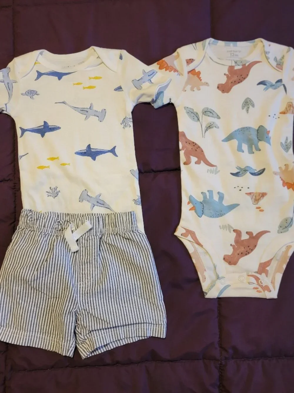 Baby Boy 12M Summer Outfit Lot | Carter’s Bodysuits + Striped Shorts
